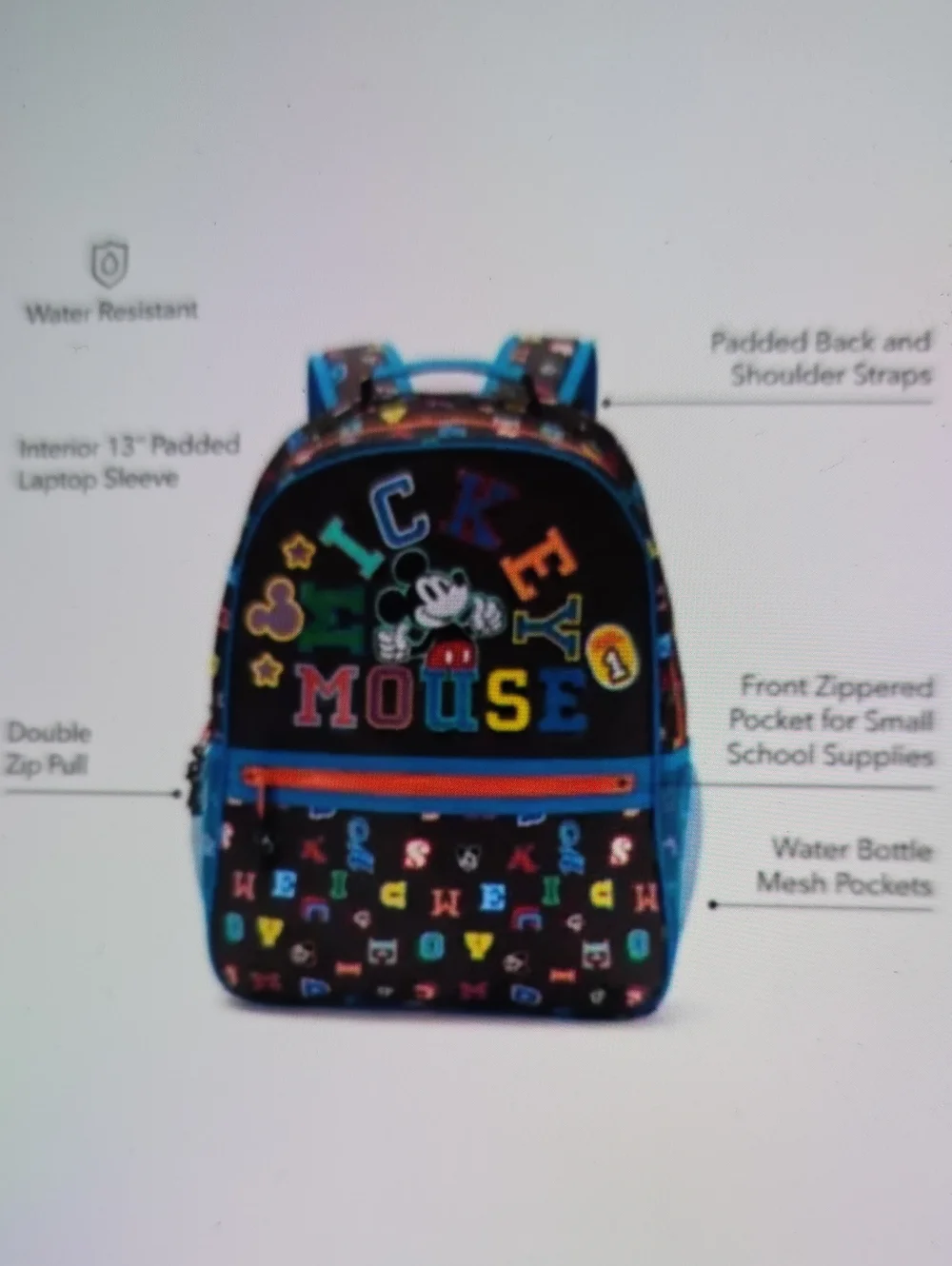 Disney Mickey Mouse Letters Backpack Black w Multicolor Letters 14x12x5 Aprox